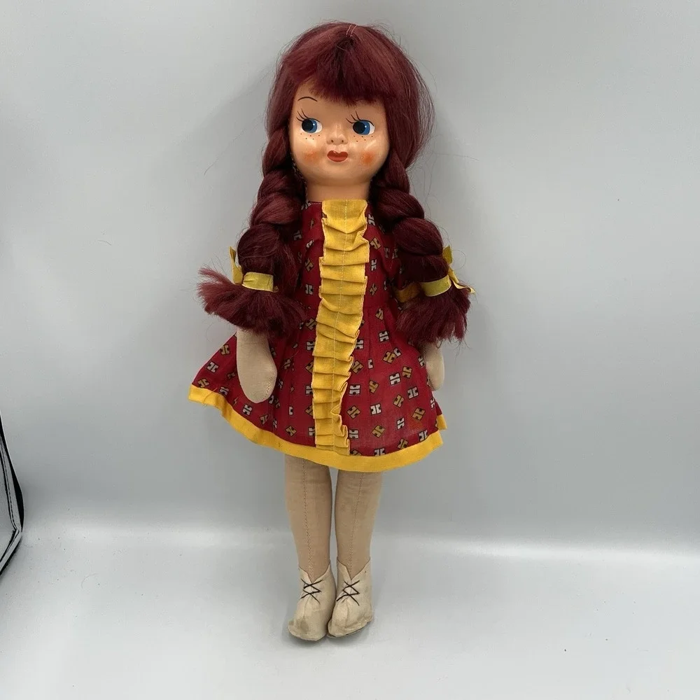 Celluloid Face Doll Vintage Red Hair Blue Eyes Original Outfit Cloth Body 15